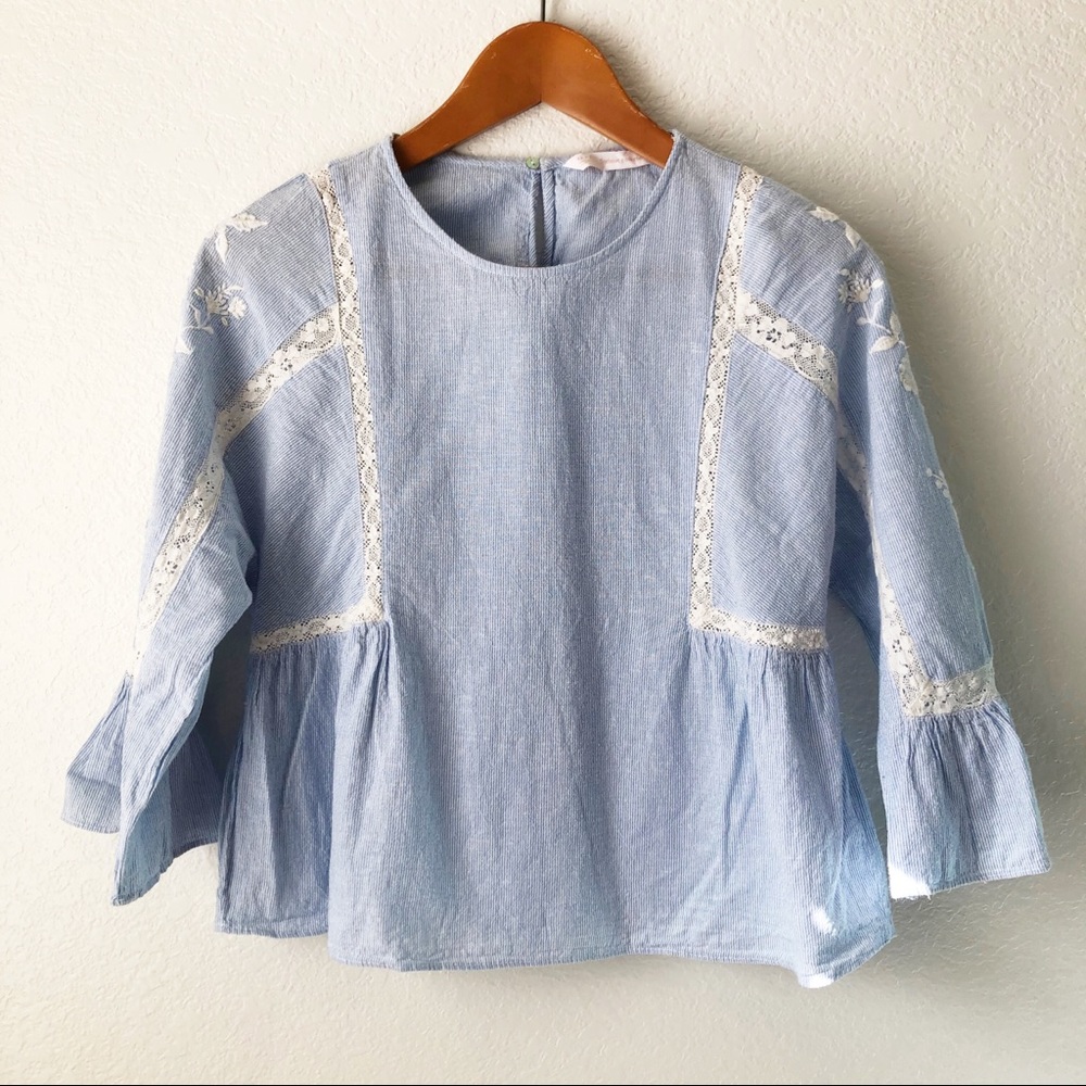 Zara Seersucker Blouse with White Embroidery